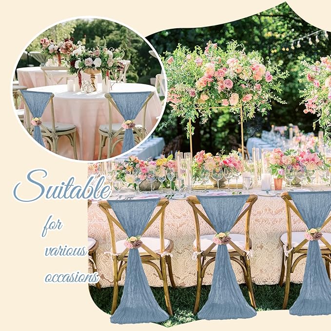 36 Pcs Dusty Blue Cheesecloth Chair Sashes, 16 x 108 inch Gauze Fabric Washable Chair Sashes Bows Designed for Aisle Decorations Universal Chair Cover Decor for Wedding Reception Party Banquet