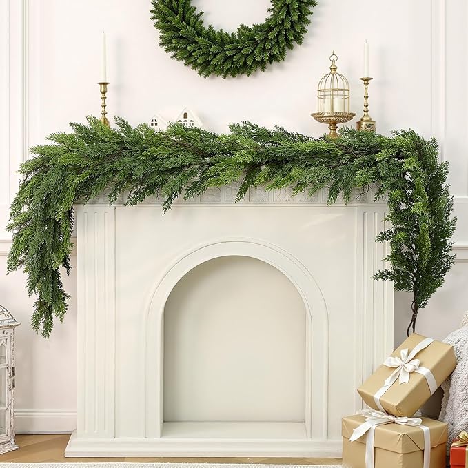 Alupssuc 9FT Christmas Garland, Cedar Garland -Real Touch Artificial Greenery Cypress Pine Garland for Mantle Table Railing Fireplace Indoor & Outdoor Christmas Decoration