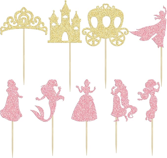 Gyufise 36Pcs Princess Cupcake Toppers Crown Castle Girl Cake Toppers Decorations Birthday Fruits Picks for Princess Girl Babyshower Theme Party Decoration