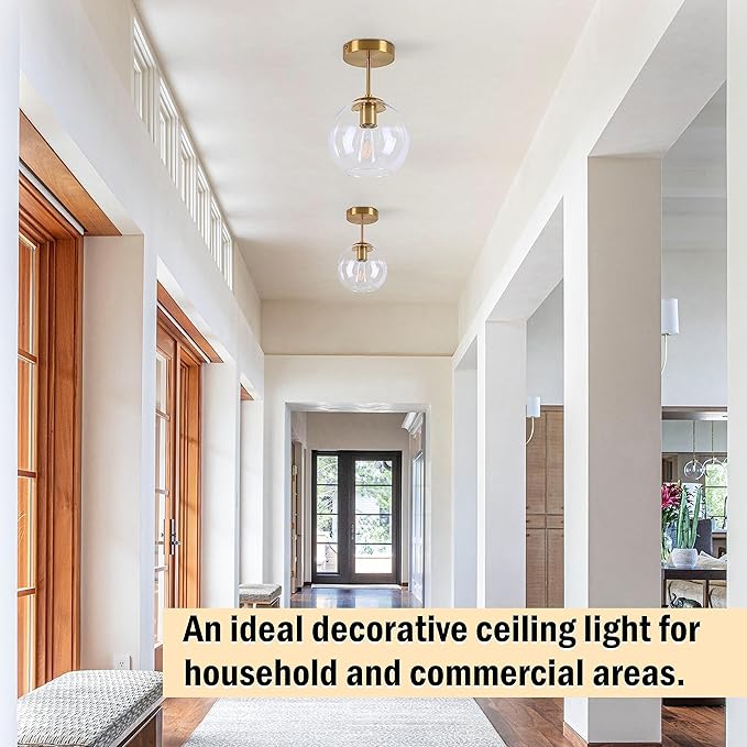 Gold Semi Flush Mount Ceiling Light Fixture with Clear Glass Light Fixture Mid Century Light Fixtures Gold Semi Flush Ceiling Light Fixtures for Dining Room Kitchen Island (Bulb Incl)