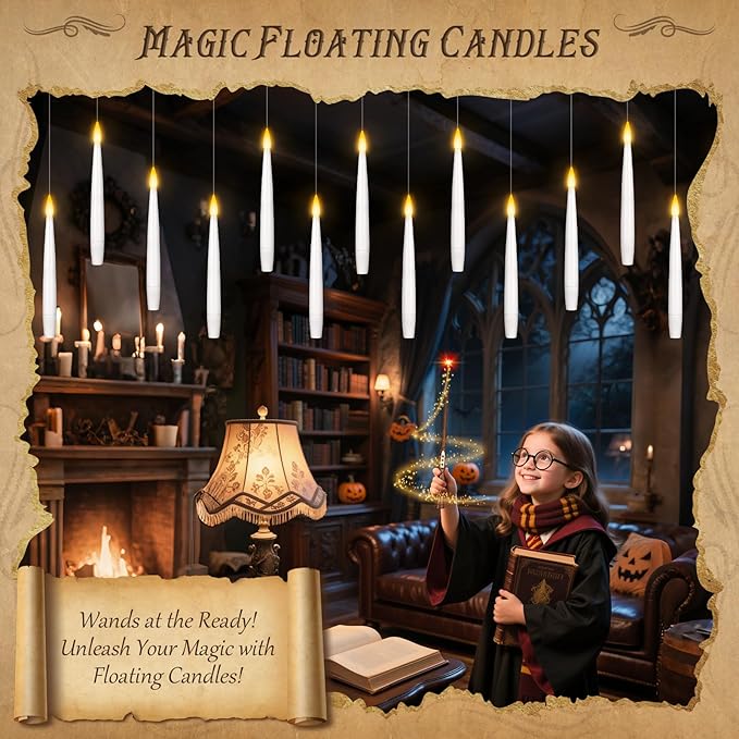 Halloween Decorations, 12 Pcs Floating Candles with Wand Remote, Battery (indluded) Operated Magic Wand Hanging LED Candles, Flameless Flickering Taper Candles for Halloween Christmas Decor Birthday