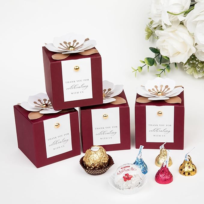 FEIYI 20 PCS Candy Boxes, 3 In 1 Burgundy Favor Boxes with Floral Decor, White Thank You Tags Gift wrapping for Wedding Birthday Baby Shower Decorations Party -2.55x2.55x2.55''