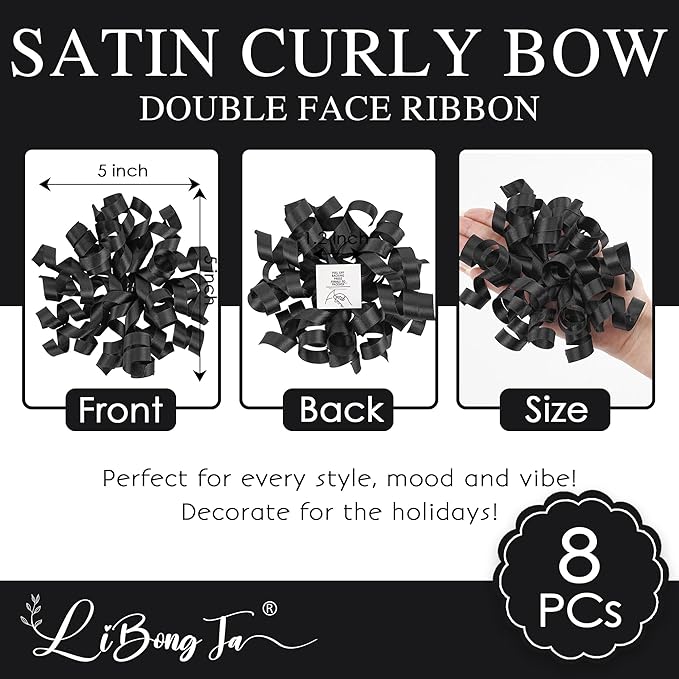 5 Inch Black Bows Curly Ribbon Bows for Gift Wrapping, Satin Bows with Double-Sided Tape, Self Adhesive Bows for Party, Wedding, Birthday Decor, Premade Bows for Crafts, Wine Glasses-8 PCs