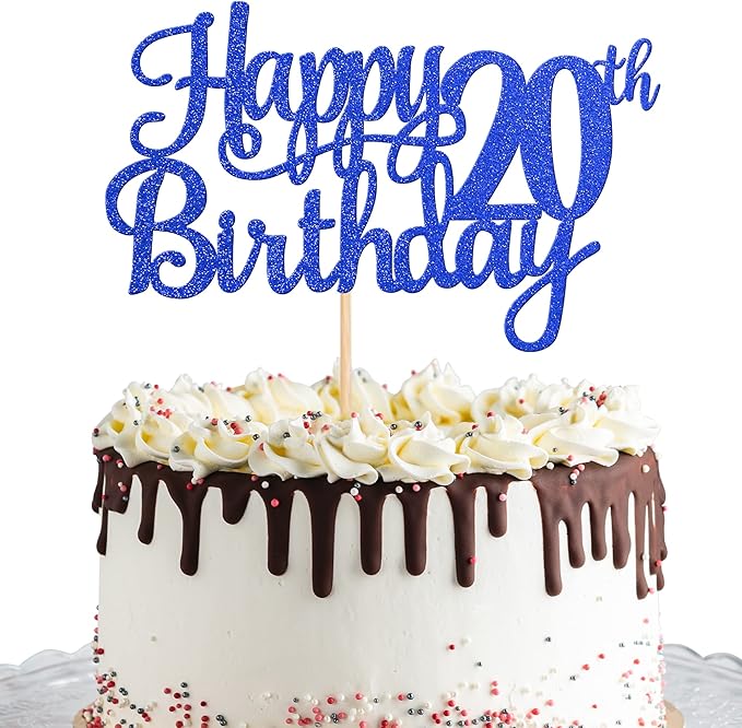 1 PCS Happy 20th Birthday Cake Topper Glitter Cheers to 20 Years Birthday Cake Pick Twenty 20 Fabulous Cake Decoration for Happy 20th Birthday Theme Party Decorations Supplies Blue
