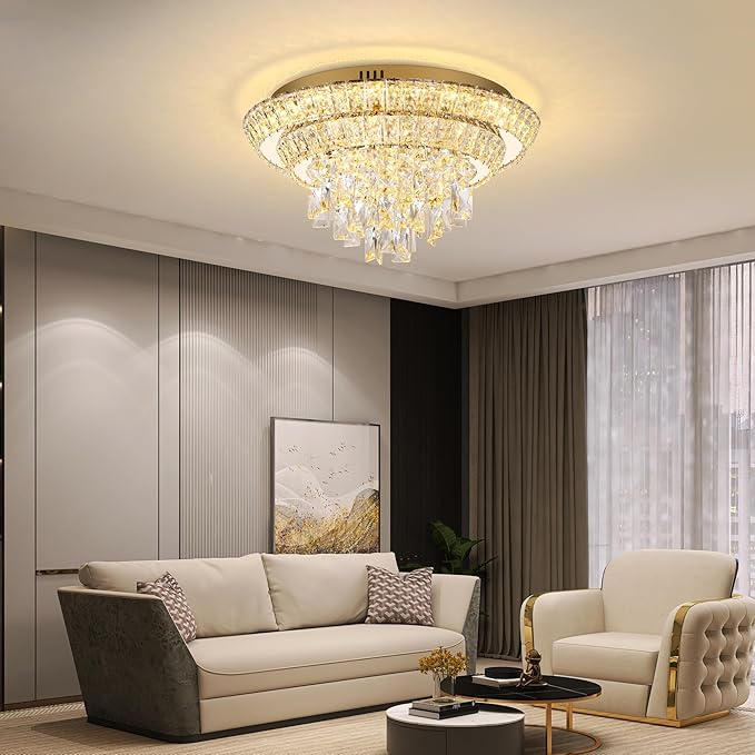 18 inch Crystal Gold Ceiling-Light Flush Mount with Remote Control and APP, 3CCT Dimmable & Brightness Adjustable, Modern Crystal Raindrop Chandeliers for Bedroom Hallway Dinning Room Living Room