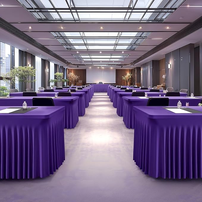 Wish Care 2 Pack Dark Purple Spandex Table Clothes for 8 Foot Rectangle Tables, 8FT Wrinkle Free Fitted Tablecloths Ruffles Design Table Cover for Party, Banquet, Wedding and Events