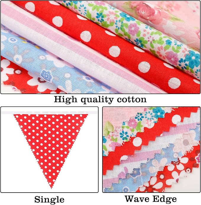 jijAcraft 39Ft Triangle Bunting Banner, 42Pcs Tea Floral Party Bunting Cotton Fabric Flags Pennant Garlands for Birthday Party, Wedding, Baby Shower, Outdoor and Home Decoration(Red Blue and White)