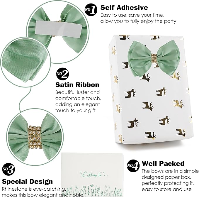 Moss Green Ribbon Bows 4'' Premade Satin Bow, Gift Bows with Rhinestone, Wrapping Bows for Presents, Greeting Cards, Treat Bags, Wine Bottles, Valentines Bows for Gift Wrapping-12 Counts