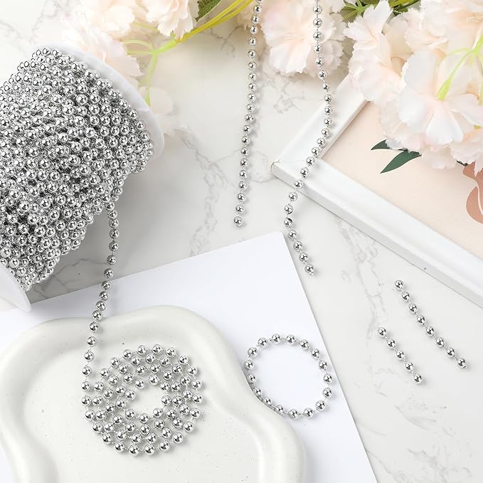 Pearl Beads Garland, 6 MM Silver Faux String of Pearls, Pearl Garland for Christmas Tree 82FT Pearl Beads Strand Spool Bead Roll for Crafts Floral Centerpieces Wedding Party Christmas Tree Decorations