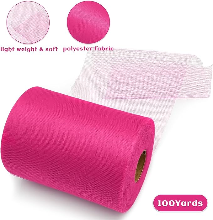 6 Inch × 100 Yards(300 Feet) Tulle Mesh Ribbon Rose Pink Tulle Fabric Ribbon Roll Netting Spool for Tutu Skirt DIY Craft Wedding Decor Party Gift Wrapping Ornaments