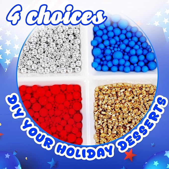 Dazzjoy 4th of July, Patriotic Sprinkles, Red Blue Silver Gold Sprinkles, Food Grade, Edible Pearls for Cake Decorating, 150g/5.29oz, Cake Decoration & Cupcake Topper