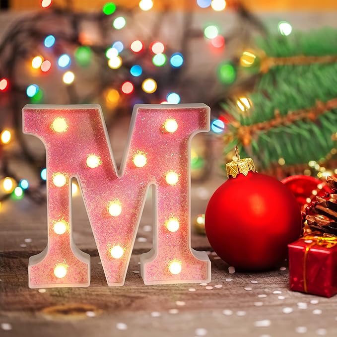 Foaky Pink Light up Letters，Pink Party Decorations,Girls Room Decor,Glitter Light Up Letters,Alphabet Letter Sign for Night Light Birthday Party Girls Gifts, Home Bar Decoration（D）
