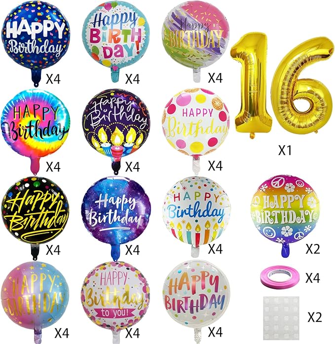 50 Pcs Happy Birthday Party Aluminum Foil Balloons and 16th Birthday Balloons, 18 Inch Round Aluminum Foil Balloon with" Happy Birthday" Sign, Birthday Party Decorations for Boys/Girls(Yellow, 16)