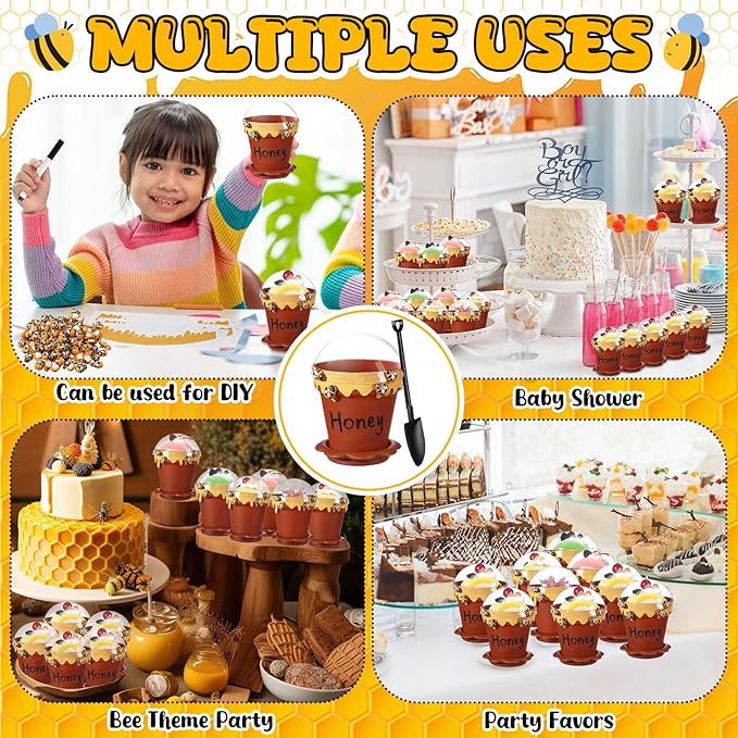 30 Sets Mini Honey Bee Pots with Lids, Spoon, Saucers and Bee Charms, 6.76 OZ Plastic Honey Jars for Cupcake Dessert Themed Party Favor Planter Baby Shower Birthday Wedding Decoration (Brown)