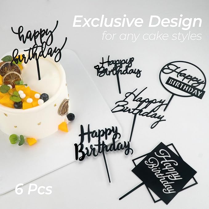 6 Pcs Black Happy Birthday Cake Toppers Set, Acrylic Cake Decoration for Birthday Party