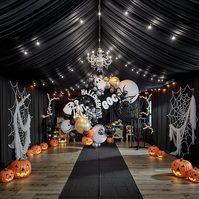 PartyVillage 20ftx40ft Black Ceiling Curtain for Halloween Parties – 4 Panels Wrinkle-Free 40 FT Long Tent Draping Curtains for Wedding, Birthday & Theme Parties, 40ft Height with Rod Pocket
