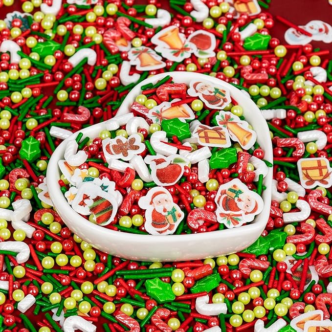 Edible Christmas Sprinkles for Cake Decorating,130g White Red Candy Cane,Red Green Pearls and Jimmies, Christmas Trees and Theme Glutinous Rice Paper,Sugar Holiday sprinkle for Cupcake Toppers, Cookie, Ice Cream Decorations Party Supplies