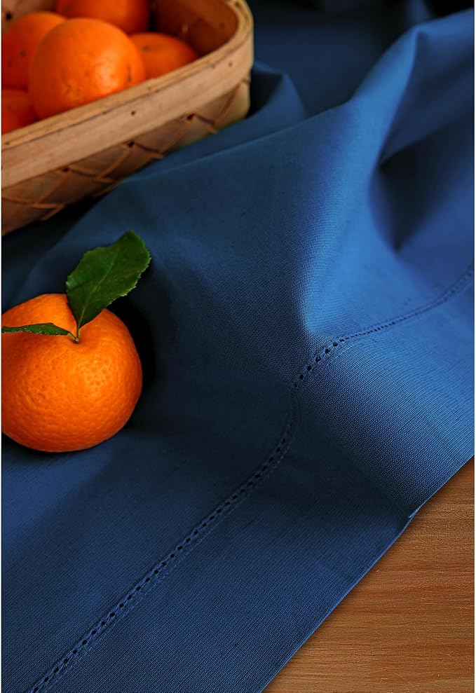 Solino Home Table Runner 90 Inches Long - Cotton Linen Hemstitch Lapis Blue Table Runner 14 x 90 Inch for Fall, Autumn