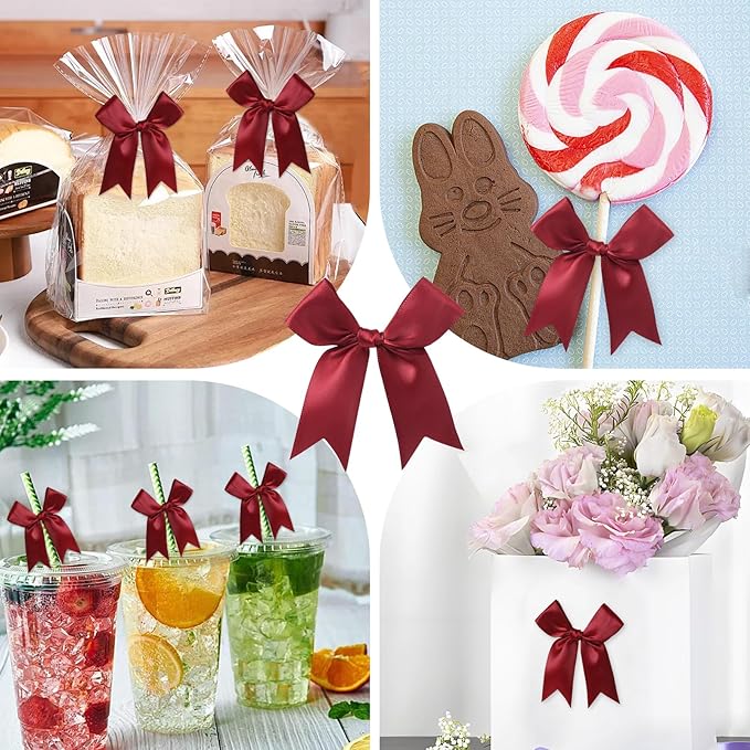Feluwi Burgundy Gift Wrap Bows (50 Pcs) - 3.3 Inch Elegant Plastic-Free Bows for Christmas Gifts, Birthday Presents, Wedding Friendly Party Supplies, Baby Shower, Gift Bags Decorative Accessories