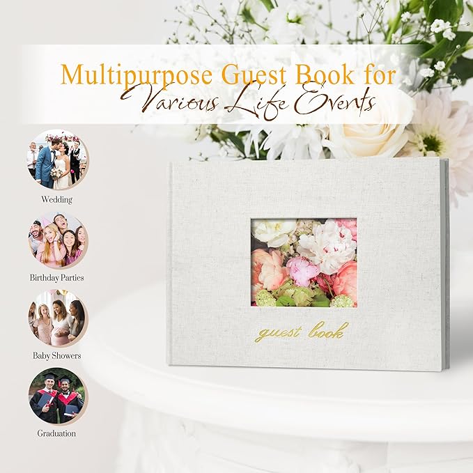 SUNEE Wedding Guest Book - Polaroid Guest Book Weddings Reception, Linen Cover 7" x 9" Guest Book for Baby Shower, Birthdays and Special Events, 100 Blank Pages for Wedding Sign in and Photos, Beige