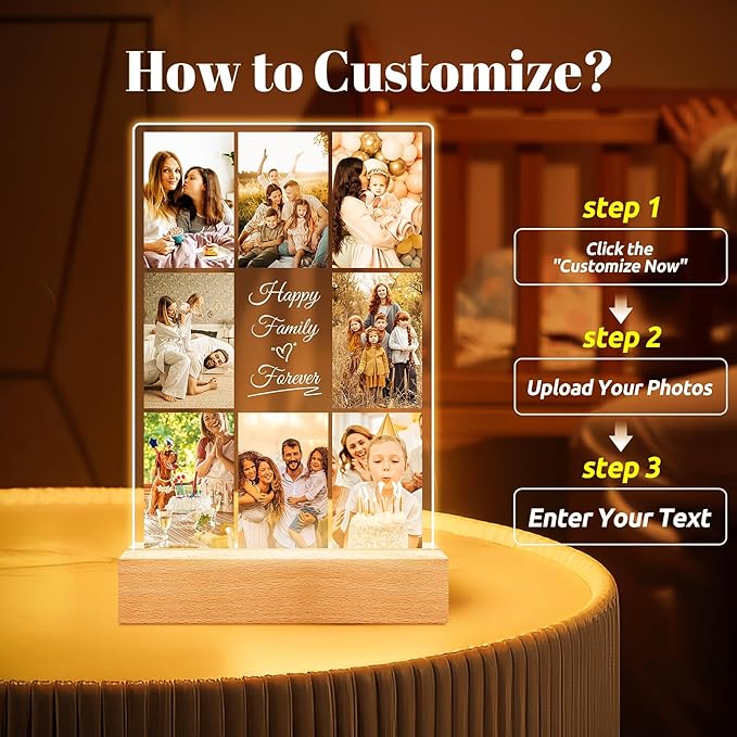 Personalized Collage Picture Frames with Photos, Custom Photo Frame with Night Light, Customized Birthday Gifts, Personalized Gifts for Women Men Mom Dad Kids Baby Family Friends