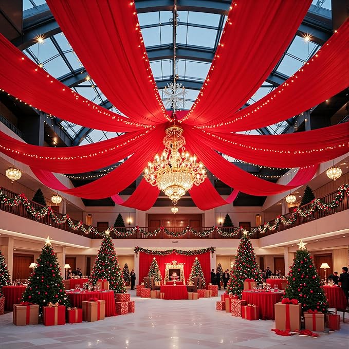 PartyVillage 2 Panels 5ftx30ft Red Ceiling Drapes for Wedding Parties – 30 FT Extra Long Thick Polyester Wrinkle-Free Drapery Tent Decor Decorations for Birthday Party Ceremony Stage Swag