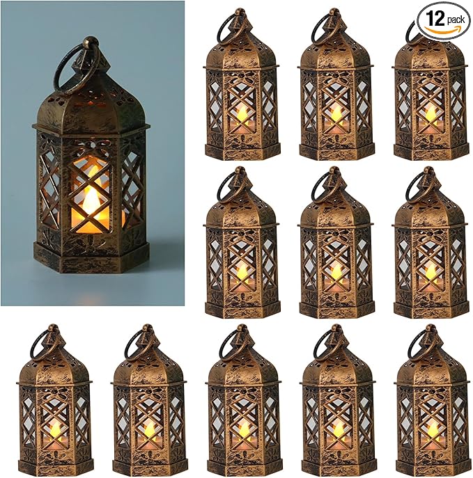 LLQ 12Pcs Mini Lantern for Centerpieces, Small Candle Lanterns Decorative Indoor, Vintage Hanging Moroccan Lantern for Halloween Decorations, Christmas Centerpieces for Tables, Wedding Table Decor