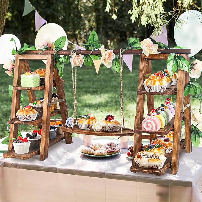 Wooden 3 Tier Cupcake Stand with Swing and Flower Decoration Serving Removable Tray Display Serving Ladder Foldable Stand with Serving Platter Tray Party Food Display Set for Cake Snack Fruit Chips Bread Centerpieces Catering
