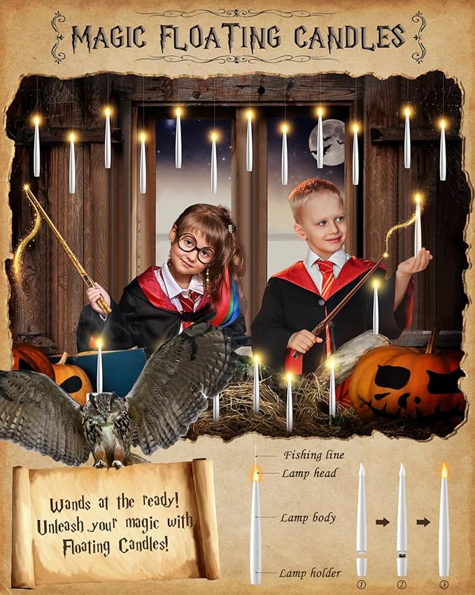 Floating Candles with 2 Wand - 24 Pack Halloween Decorations Magic Flameless Candles Flickering Warm Light LED Hanging Candle Remote, Operated Candles for Christmas Outdoor Indoor Party Decor