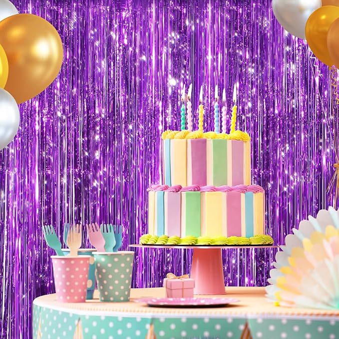 2 Pack Purple Metallic Tinsel Foil Fringe Curtains, Door Streamers Photo Booth Backdrop for Birthday Party, Tinsel Curtain Backdrop for Baby Shower Bachelorette Christmas Party Decorations