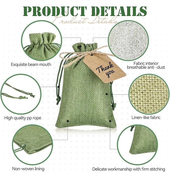 Woanger 100 Pcs Burlap Gift Bags with 100 Pcs Kraft Paper Gift Tags Drawstring Favor Bulk Burlap Sack Bags for DIY Wedding Party Craft (4 x 6 Inch,Army Green)