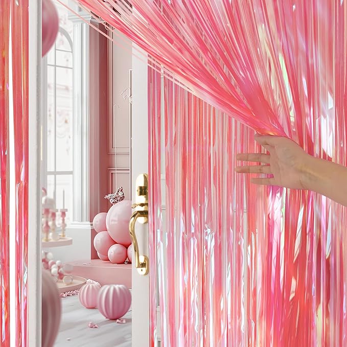 2 Pack Pink & Green Party Streamers Backdrop Curtains, 3.3x8.2ft Holographic Tinsel Foil Curtain Photo Booth Props for Birthday, Wedding, Holiday Celebration, Bachelorette, Theme Decorations