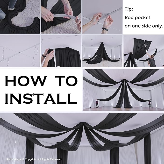 PartyVillage 4 Panels 5ftx30ft Black Ceiling Drapes for Halloween Parties – 30 FT Extra Long Thick Polyester Wrinkle-Free Drapery Tent Decor Decorations for Birthday Party Ceremony Stage Swag