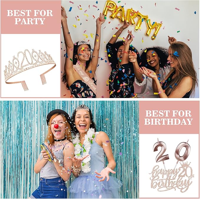 20th Birthday Decorations for Women Including Sash, Crown, Cake Topper and Candles, 20th Birthday Gifts for Women, Rose Gold Party Favor Supplies