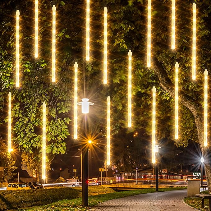 Dazzle Bright Christmas Lights Outdoor, 288LED Meteor Shower Rain Lights 12 Inch 8 Tubes, Waterproof Plug in Falling Icicle Light Christmas Decorations for Xmas Tree Yard House Decor (Warm White)