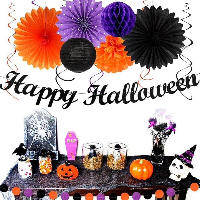 Black-Purple Orange Happy-Halloween Party-Decorations - 21pcs Birthday Banner,Paper Lanterns Honeycomb,Tissue Pom Poms Flower Fan,Kids Classroom Hanging Streamers Garland Decor Supplies Huglony