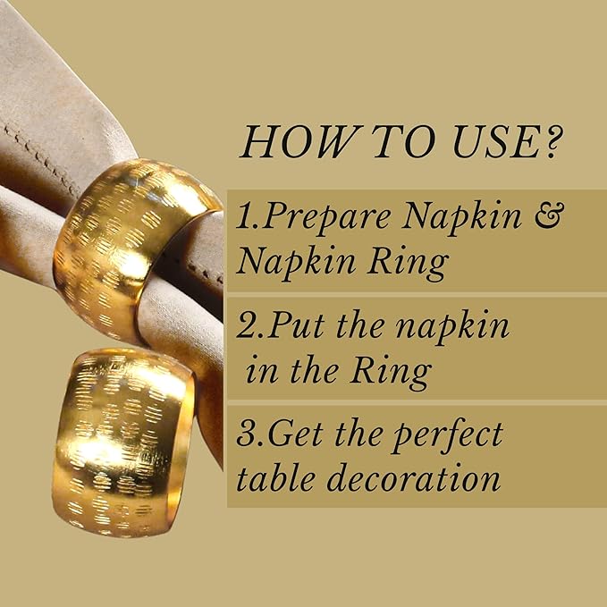 Napkin Rings Set of 12, Metal Napkin Holder Cuffs for Dinner Table Décor, Round Textured Farmhouse Modern Serviette Rings for Christmas, Weddings, Receptions, Daily Use, Gold - ALPHA Living HOME