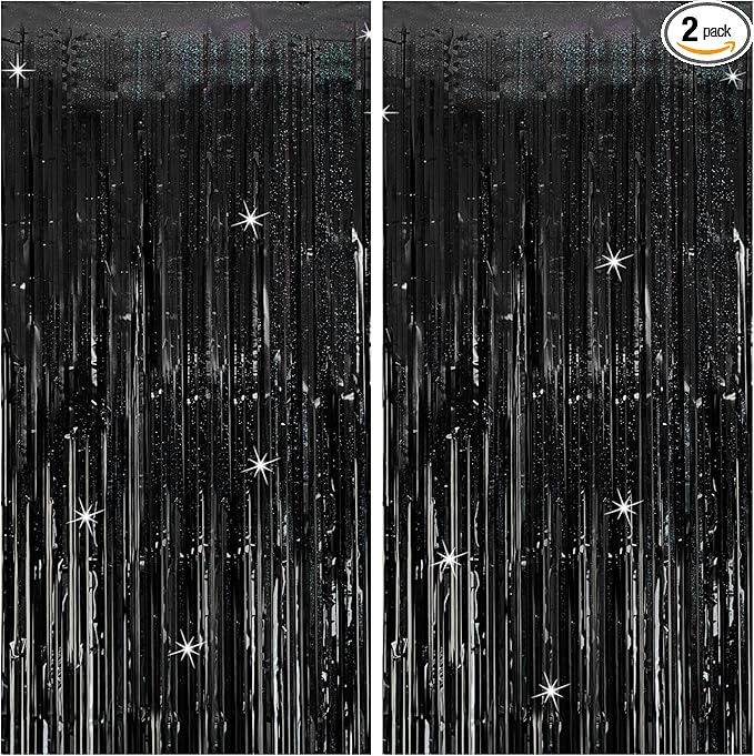 Tinsel Curtain Backdrop Black Birthday Party Decorations 2 Packs Glitter Foil Fringe Curtain Party Decor Streamers Photo Booth for Birthday Christmas Wedding Halloween Graduation Decorations