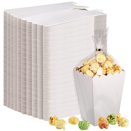 Zopeal 200 Pcs Mini Popcorn Boxes and Clear Treat Bag Set, Bulk Popcorn Bags Open Top Paper Popcorn Containers with Treat Bags Popcorn Candy Boxes for Movie, Party, 3 x 4 Inch (White)