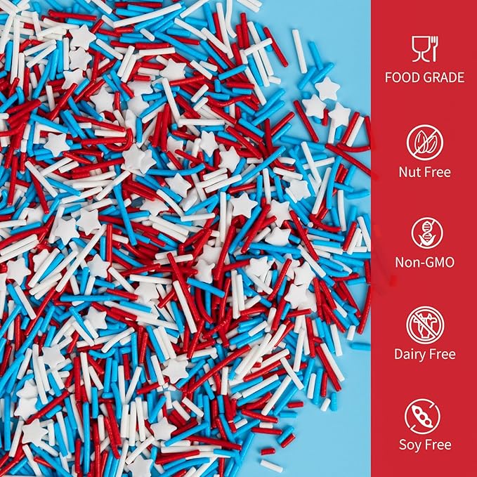 Edible Patriotic Sprinkles for Cake Decorating,Red White and Blue Jimmies Stars Sprinkle Mix, 100g/3.53oz, American Team USA Sprinkles,Baking, Ice Cream,Cookies,Cupcake Topper,Holiday Party Decorations