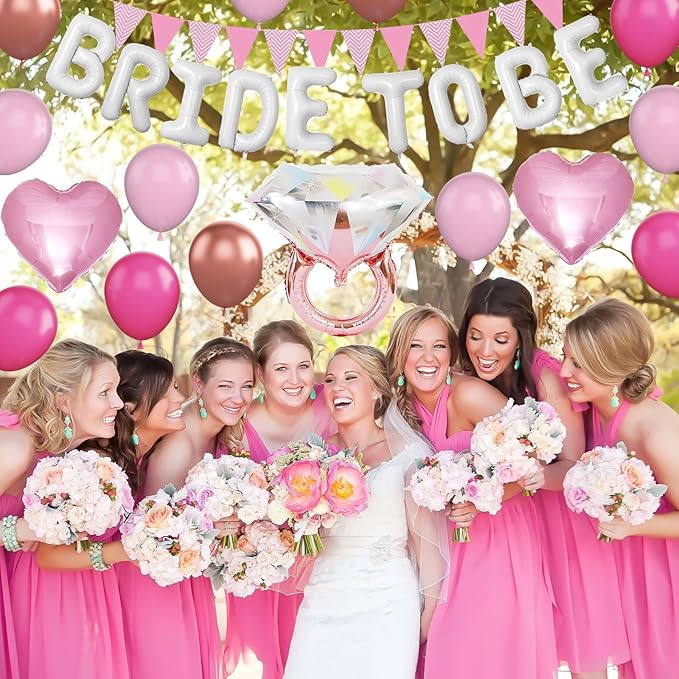 Pink White Bachelorette Party Decorations, White Bride To Be Bridal Shower Balloons Decorations, Hot Pink Rose Gold Balloons with Diamond Ring Cream Heart Balloons for Bachelorette Engagement Wedding