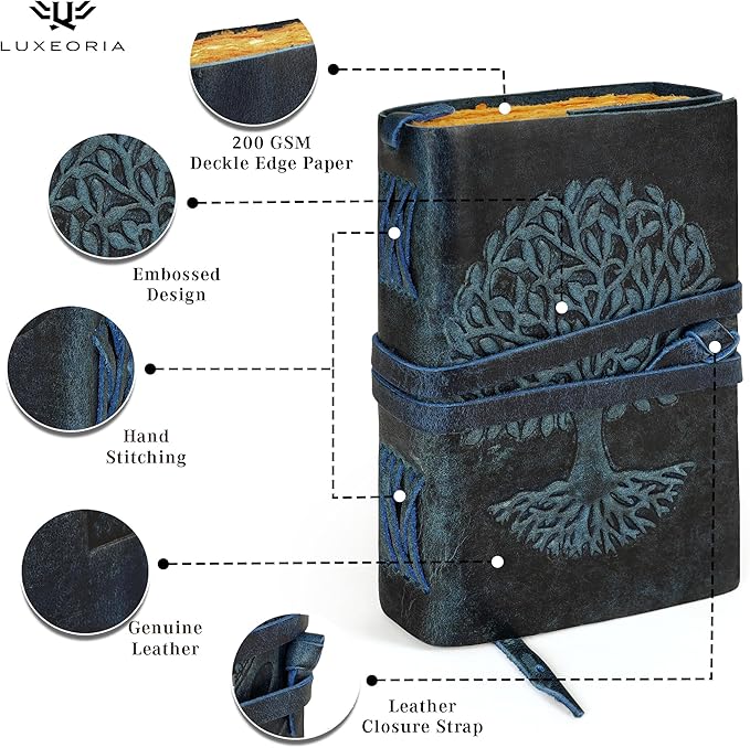 LUXEORIA Tree Of Life Leather Journal for Women and Men, Handcrafted Leather Journal for Writing Womens, Sketchbook, Travel Diary with Unlined Deckle Paper, Dark Blue 5x7