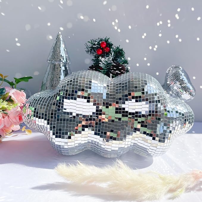 Disco Ball Cloud Shaped, Cute Hanging Party Mirror Decor with Chain, Retro Light Reflective Ball for Party Home Decor, Disco Mirror Ornaments, Silver, Design Patent