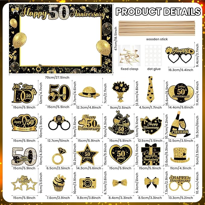 50th Wedding Anniversary Decorations Black Gold 50th Wedding Anniversary Party Photo Booth Props and Selfie Frame Silver Happy 50 Years Anniversaries Party Supplies for Women Men Cheers to 50 Years