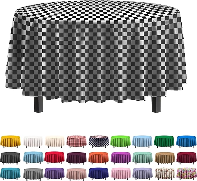 Party Solids Pack Of 12 - Premium Plastic Tablecloth 84 Inch Round Table Cover - Checkered