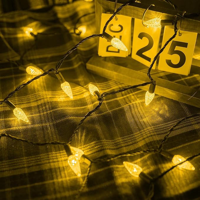 Dazzle Bright C6 Christmas String Lights, 100 LED 33 FT Waterproof Connectable Green Wire Fairy Lights, 8 Modes Christmas Lights for Indoor Outdoor Home Garden Yard Xmas Tree Decorations (Yellow)