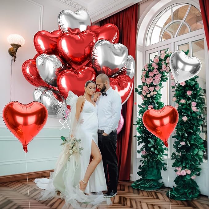 12 Pcs Heart Balloons, 18 inch Valentine's Day Heart Shaped Balloons, Red Silver Foil Helium Balloon, Love Foil Balloon for Valentine's Day Wedding Baby Shower Party Decorations