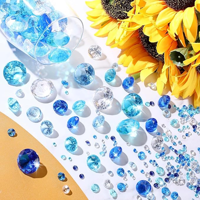 Hicarer 800 Pieces Diamond Decorations Acrylic Diamond Table Scatter Crystals for Table for Vase Fillers Party Decorations(20, 12, 10, 6, 3mm,Gradient Blue)