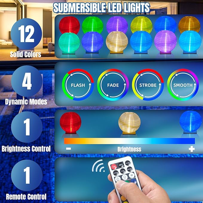 Floating Lanterns LED Pool Lights,IP68 Waterproof Pool Lights That Float ,13 Color Changes by Remote Control for Pool Decor,Outdoor Party,Wedding (2Pcs - 10 inches)