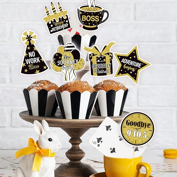 36 Pcs Happy Retirement Cupcake Toppers - NO DIY - Retired Cupcake Picks Retirement Theme Party Cake Decorations Gold Glitter